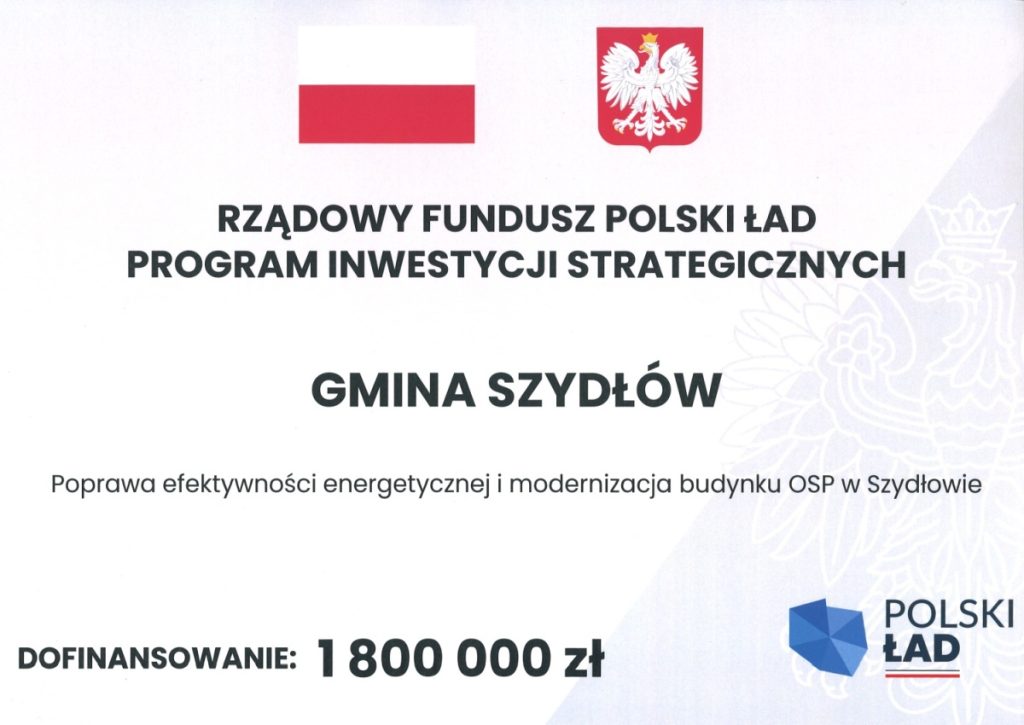 Gmina Szydłów Polski Ład 1,8 mln zł na remizę OSP Szydłów