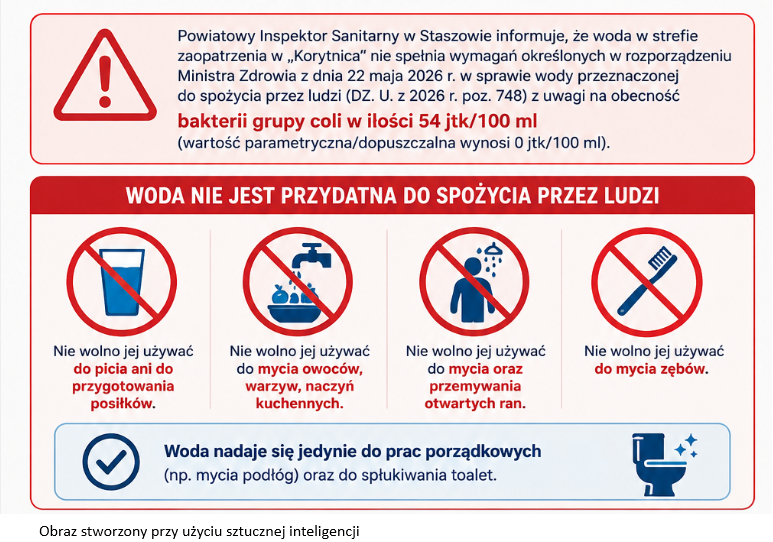 Woda z wodociągu Korytnica nieprzydatna do spożycia!