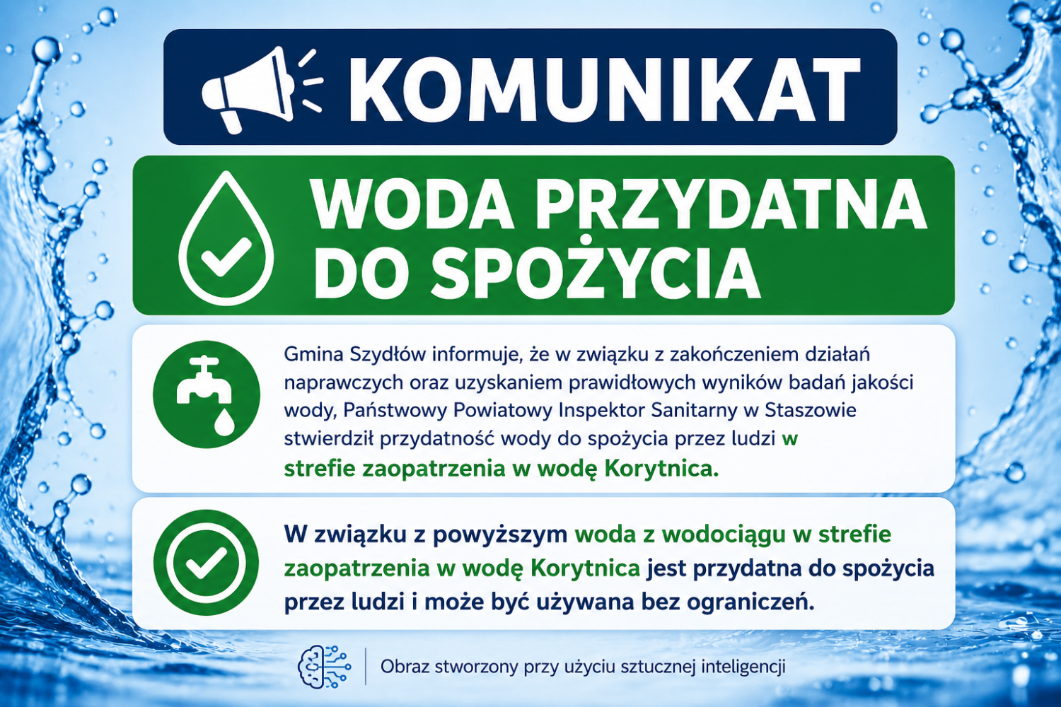 Woda z wodociągu Korytnica przydatna do spożycia!